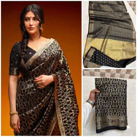 Catlon Tapeta Saree - Black with rich golden zari