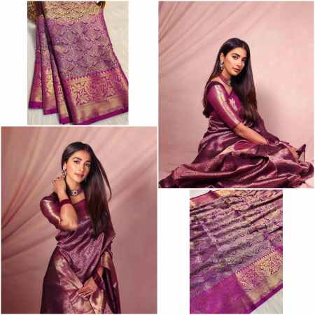Catlon Tapeta Silk Saree Inspired by Pooja Hegde - Rich Wine Purple Colour