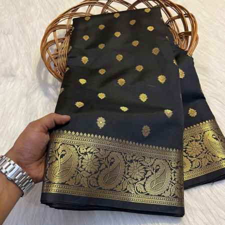 Semi Katan Tapeta Soft Silk Saree - Black With Golden Zari