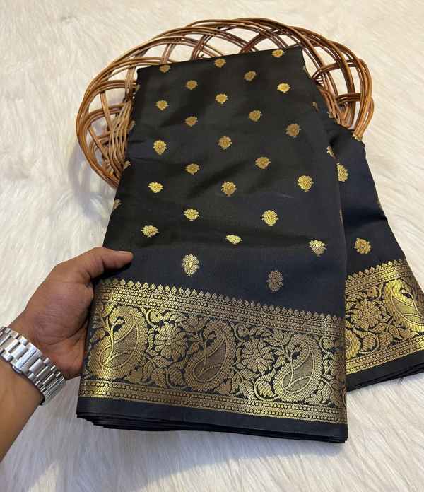 Semi Katan Tapeta Soft Silk Saree - Black With Golden Zari