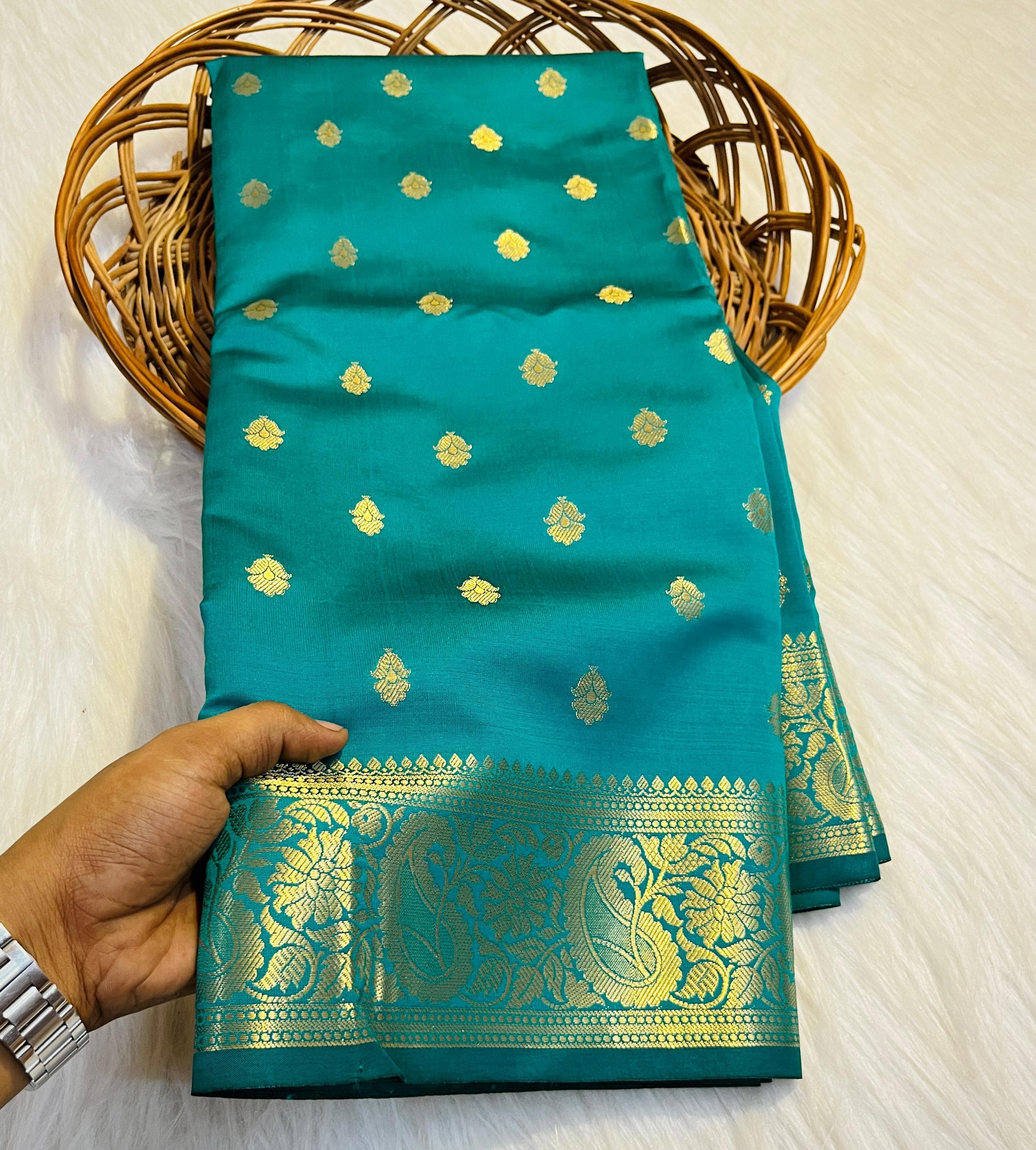 Semi Katan Tapeta Soft Silk Saree - Teal Green