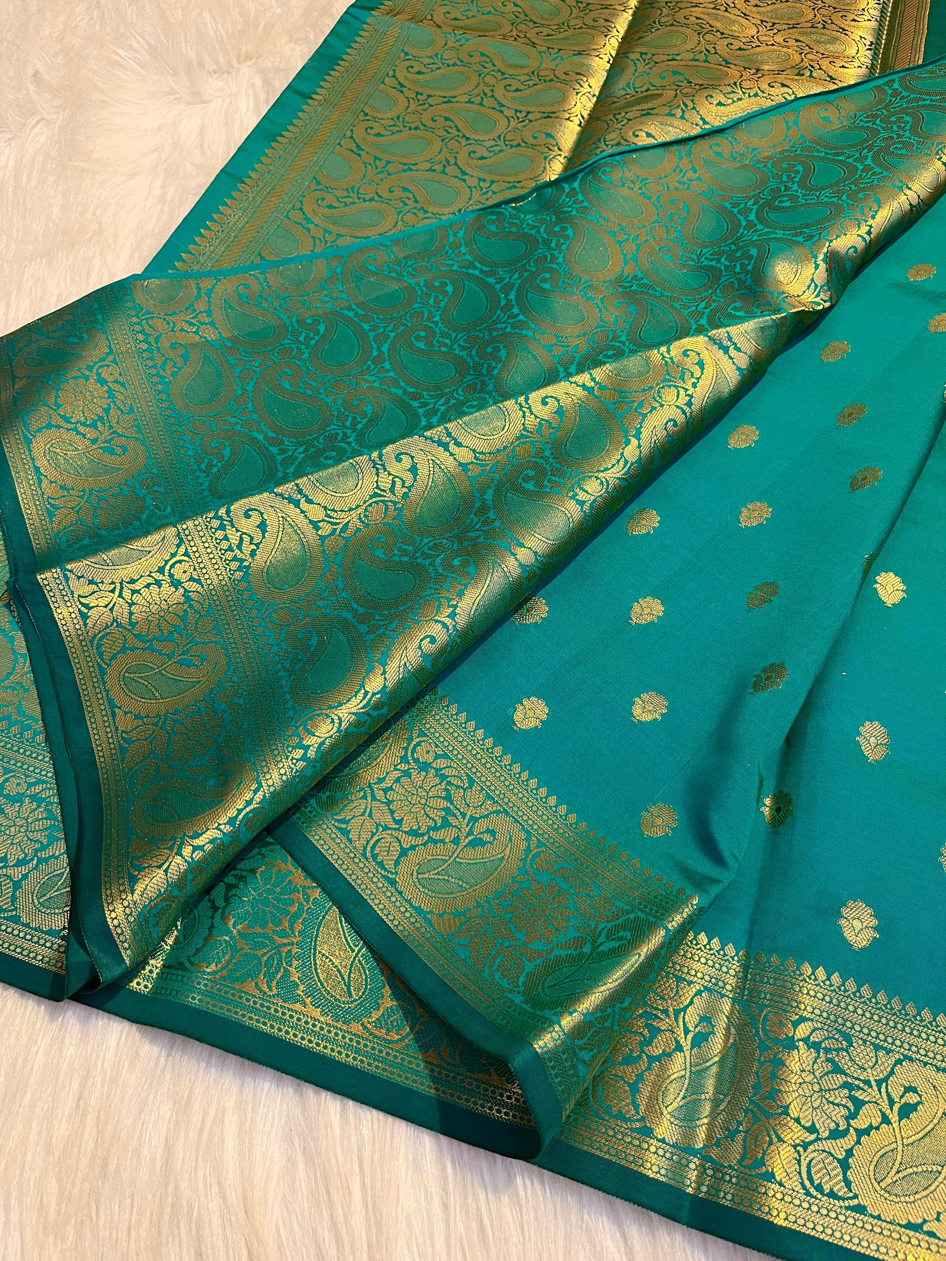 Semi Katan Tapeta Soft Silk Saree - Teal Green - Image 2