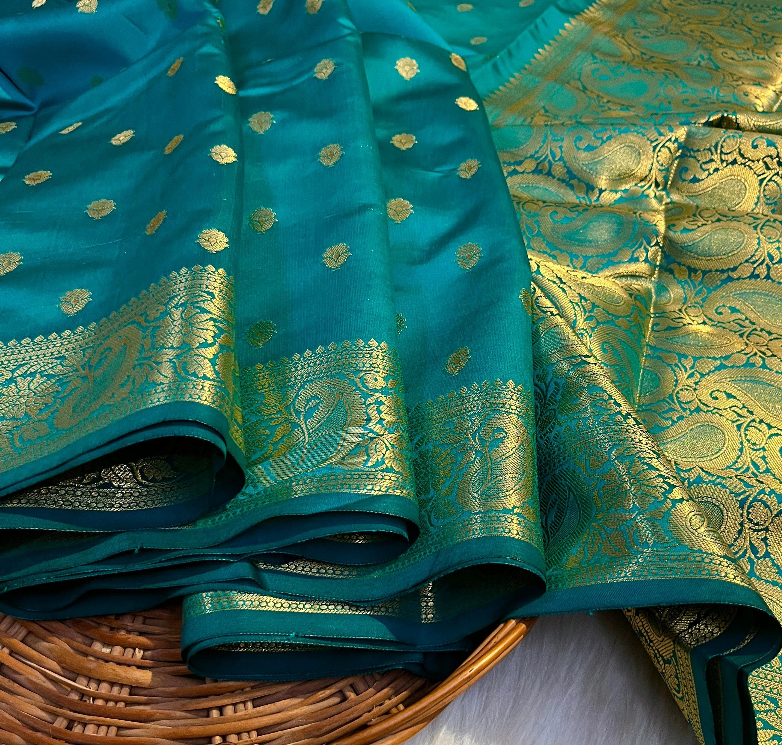 Semi Katan Tapeta Soft Silk Saree - Teal Green - Image 3