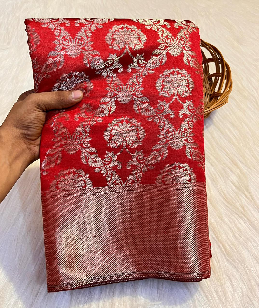 Premium Tapeta Silk Saree - Rich Red Colour - Image 2